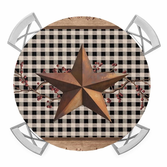 Brown Texas Star Retro Round Fitted Tablecloth with Elastic Edge, Waterproof Table Cloth Table Cover for 36"-44" Tables, Country Star Buffalo Plaid Wooden Tablecloths for Dining Picnic Indoor Outdoor