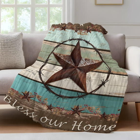 Brown Texas Star Teal Fleece Throw Blanket for Couch, Vintage Country Star Turquoise Wooden Microfiber Flannel Blanket, Lightweight Soft Throw Blankets for Women, Girls, Adults, 50"x80"