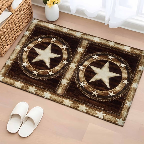 Brown Texas Star Western Bathroom Rug Washable 2x3 Entryway Rug Non Slip Country Retro Wooden Front Door Mat Low Pile Indoor Doormat Throw Floor Carpet for Kitchen Bedroom Entrance