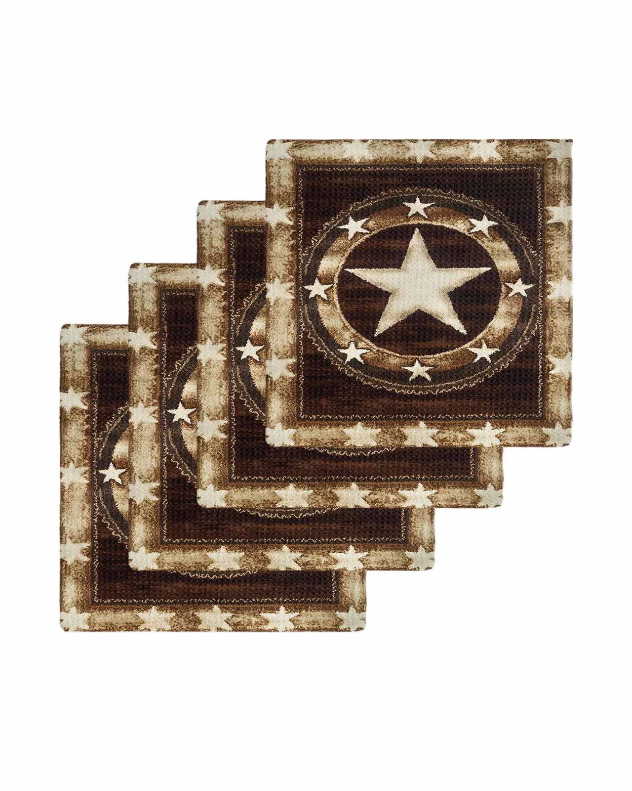 Brown Texas Star Western Kitchen Dish Towels for Drying Dishes Set of 4, Country Retro Wooden Waffle Weave Microfiber Terry Hand Tea Bathroom Towels Quick Dry & Absorbent Towel 12x12