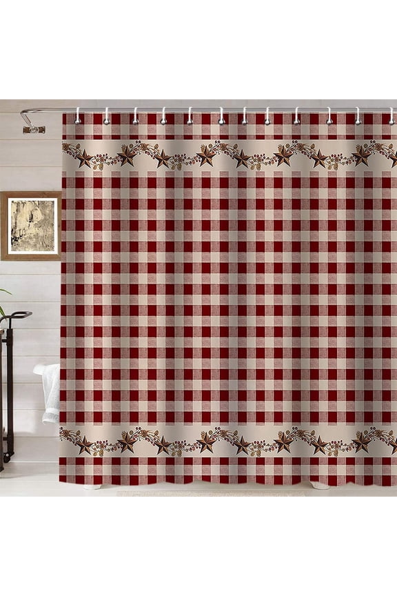 Brown Texas Star Western Shower Curtain, Primitive Star Red and Beige Buffalo Plaid Rustic Country Farmhouse Bathroom Decor, Waterproof Polyester Fabric Shower Curtain, 72 X 72 Inch, Berry