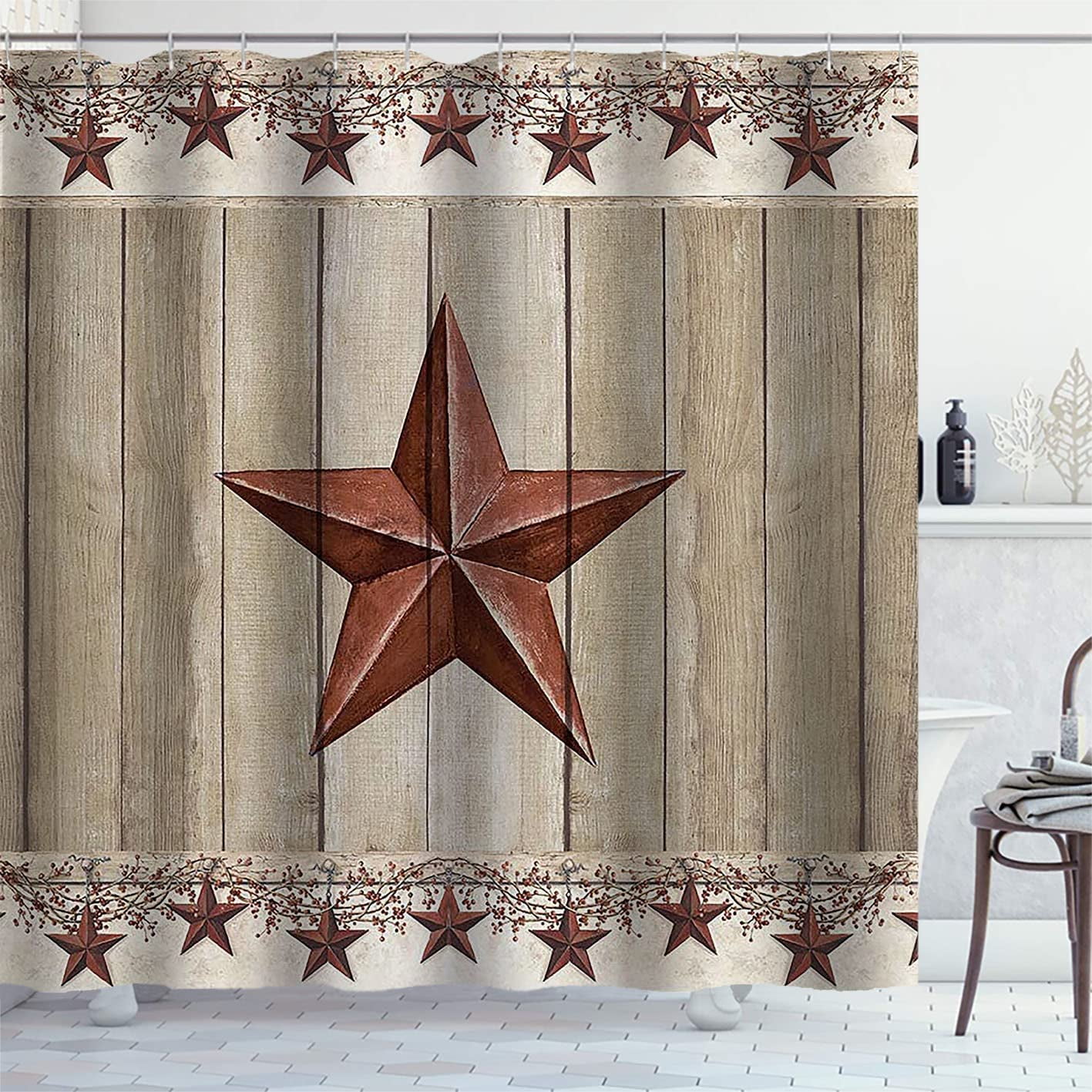 Brown Texas Star Western Shower Curtains Primitive Star Red and Beige ...