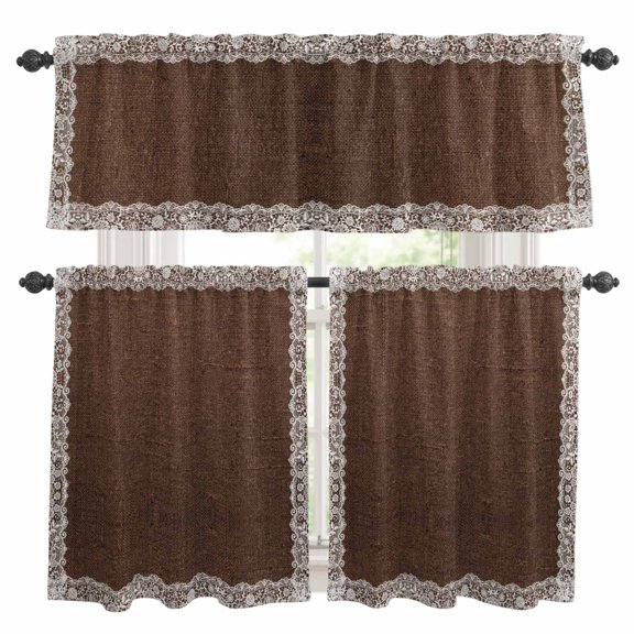 Brown Textile Kitchen Curtains and Valances Set, French Country Floral Lace Border Linen Texture 3 Piece Curtains Valances and Tiers Set Rod Pocket for Kitchen Bathroom Windows 36 Inch