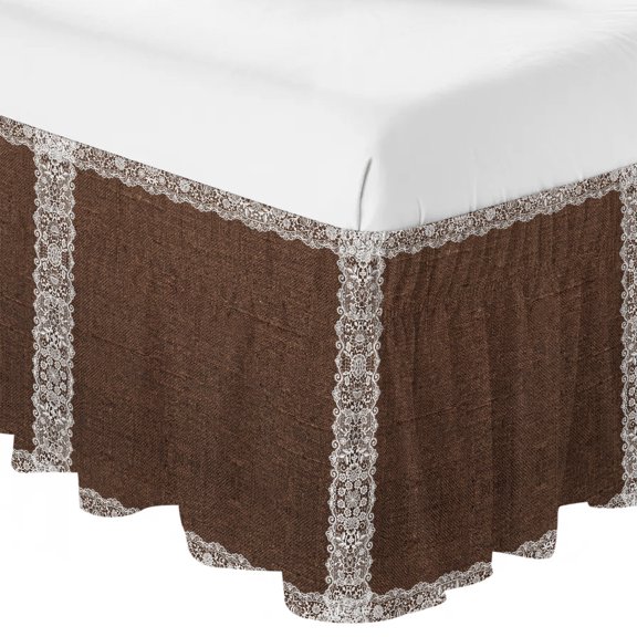 Brown Textile Ruffle Bed Skirt Queen Size French Country Floral Lace Border Linen Texture Adjustable Elastic Dust Bed Skirts Wrap Around Bedskirt Wrinkle Free Easy Fit with 18 Inch Drop