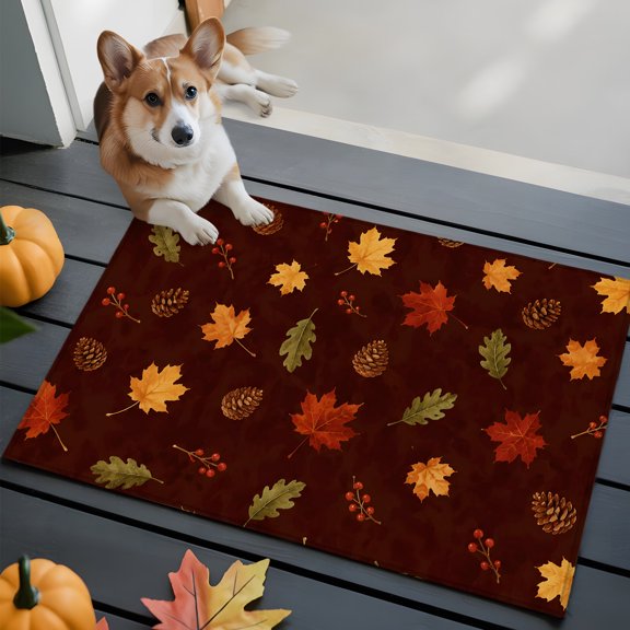 Brown Thanksgiving Bathroom Mat 2x3 FT, Non Slip Small Kitchen Mat, Farmhouse Retro Maple Leaves Cones Washable Soft Backed Front Door Throw Rug Non-Shedding Indoor Outdoor Doormat for Entryway Sink