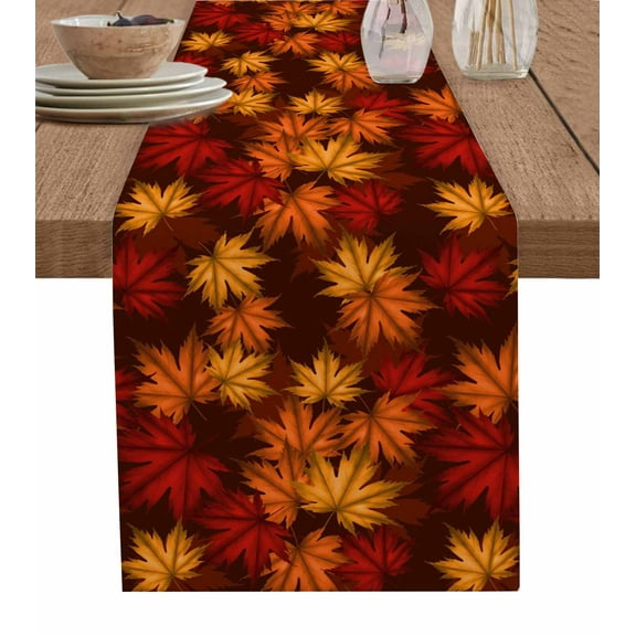 Brown Thanksgiving Burlap Cotton Table Runner 13x36 Inches Short, Fall Maple Leaves Farmhouse Vintage Farmhouse Table Runners, Outdoor Dining Tablecloths Decor for Baby Shower/Party/Wedding