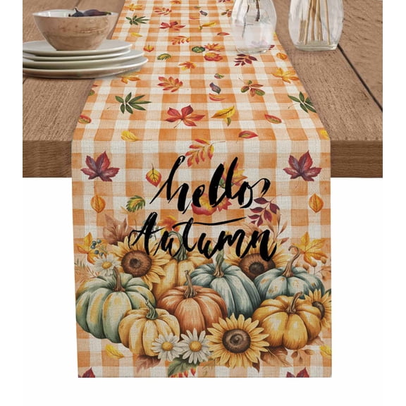 Brown Thanksgiving Pumpkin Burlap Cotton Table Runner 13x120 Inches Long, Fall Sunflowers Maple Retro Plaid Farmhouse Table Runners, Outdoor Dining Tablecloths Decor for Baby Shower/Party/Wedding