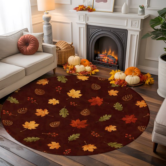 Brown Thanksgiving Round Area Rug 6 FT,Non Slip Bedroom Area Rug,Farmhouse Retro Maple Leaves Cones Washable Soft Circular Carpet Non-Shedding Floor Mat for Kitchen Dining Room Home Office Kids Room