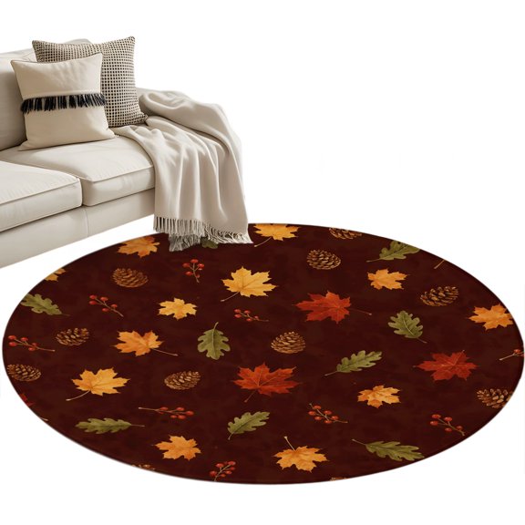 Brown Thanksgiving Round Rug 3.3ft Washable Circle Entryway Rugs Non Slip Farmhouse Retro Maple Leaves Cones Area Rug Indoor Floor Carpet for Bedroom Kitchen Living Room Office Dining Room Nursery