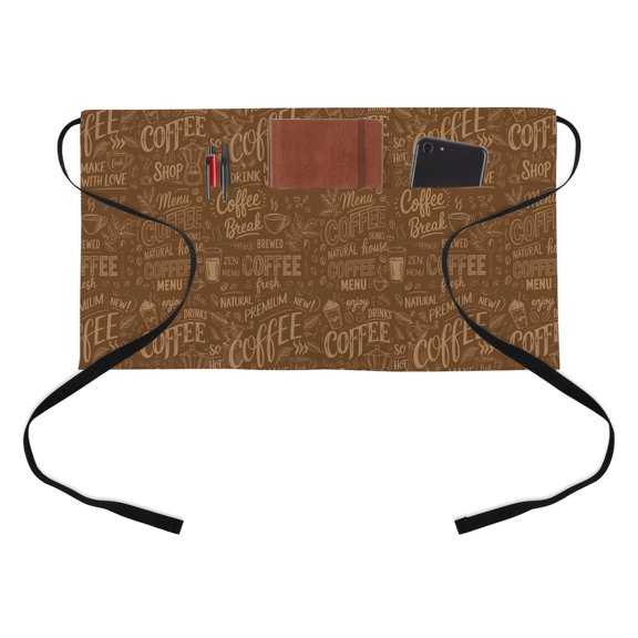 Brown Theme Half Waist Apron Modern Bread Coffee Pot Milk Drink Minimalist Short Waiter Aprons with 3 Pockets for Women Men Kitchen Restaurant Cooking