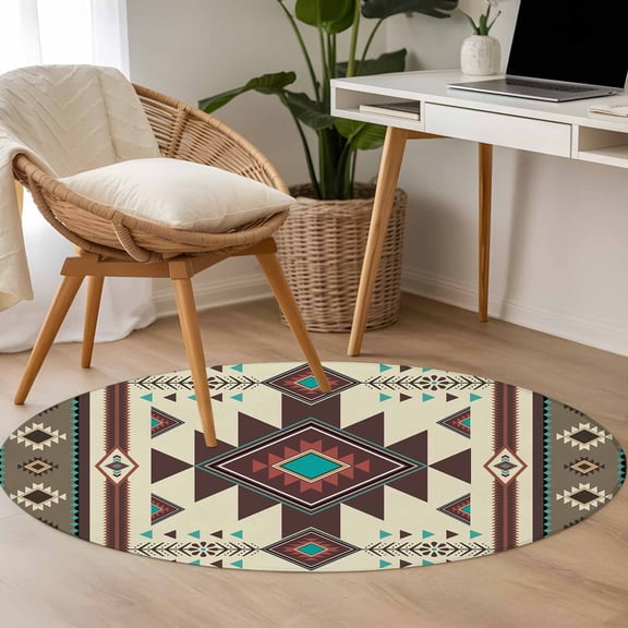 Brown Theme Pattern 3.3ft Round Rug for Bedroom Reading Corner, Retro Bohemian Square Abstract Geometric Washable Non Slip Circle Area Rug