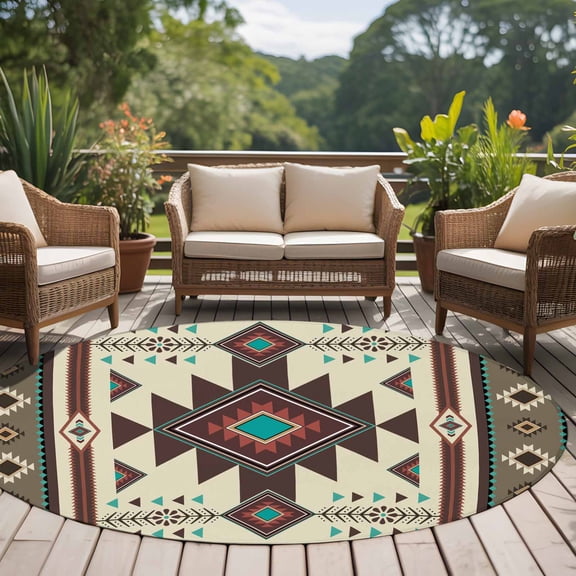 Brown Theme Pattern 8ft Round Rug for Open Concept Living Room Seating Zone, Retro Bohemian Square Abstract Geometric Washable Non Slip Large Circle Area Rug