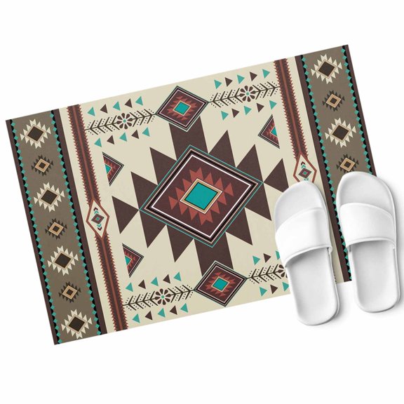 Brown Theme Pattern Door Mat Retro Bohemian Square Abstract Geometric Non Slip Absorbent Entrance Mat Washable Low Profile Indoor Doormat for Front Door Entryway Entry 16"x24"