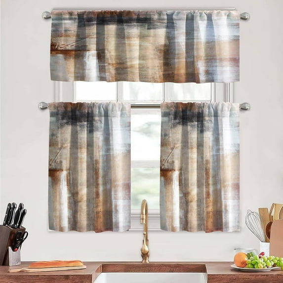 Brown Thin Kitchen Curtains Tiers and Valances Set 3 Piece for Windows Beige Kitchen Window Curtains Set,Modern Abstract Art Valances for Living Room(36" Tiers Set)