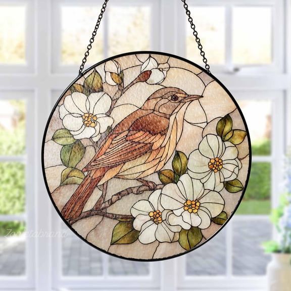 Brown Thrasher Bird Glass Suncatcher with Cherokee Rose Flowers, Georgia State Bird Window Hangings Bird Lovers Gift, Nature Home Decor