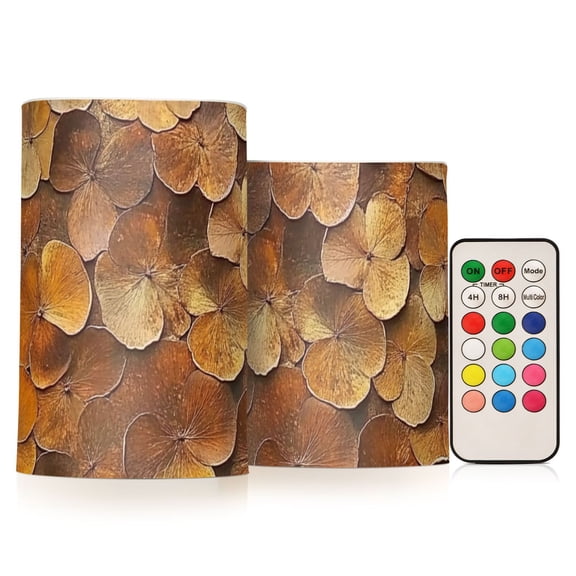 Brown Three Leaf Flickering Flameless Candles Battery Operated with Remote Timer LED Pillar Candles Set of 2