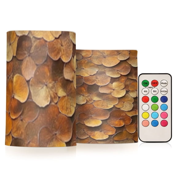 Brown Three Leaf Flickering Flameless Candles Battery Operated with Remote Timer LED Pillar Candles Set of 2
