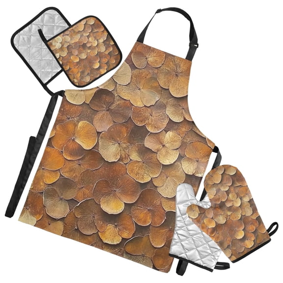 Brown Three Leaf Oven Mitts and Pot Holders with Chef Apron Set 5 Pcs Kitchen Cooking Set