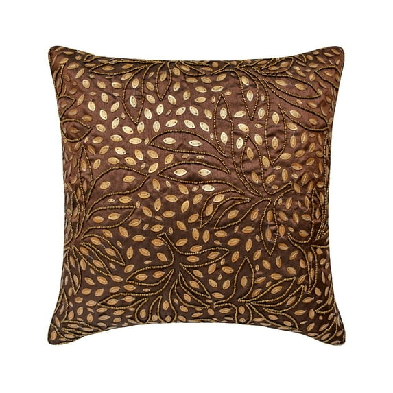 Brown Throw Pillow Cover Couch, Floral Cushion Cover, 12x12 inch (30x30 cm) Throw Pillow Cover, Art Silk Throw Pillow Cover, Contemporary Throw Pillow, Sequin Beaded Leaf - Gold Leaves