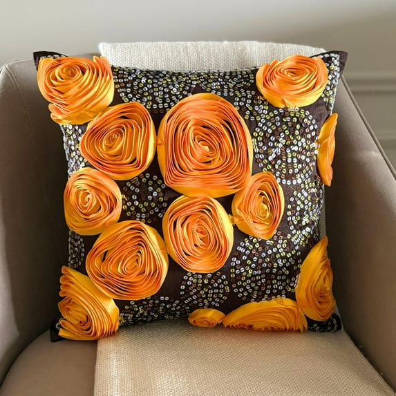 Brown Throw Pillow Cover, Modern Floral Pillow Cover, 12x12 inch (30x30 cm) Pillow Case, Art Silk Pillow Cover, Ribbon Marigold Rose Flower & Sequins - Chocolate Marigolds