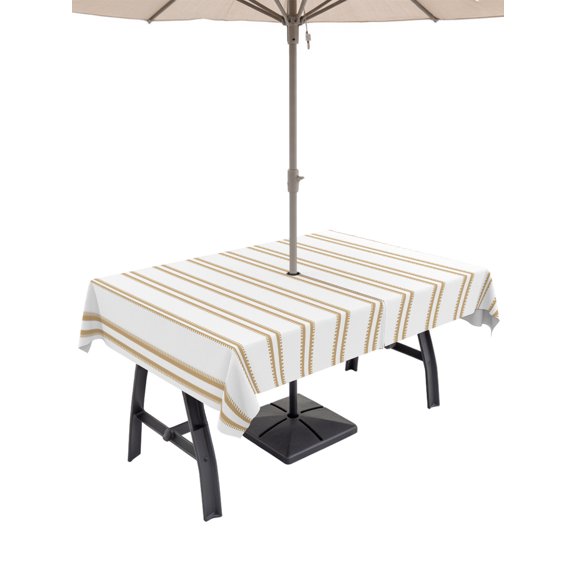 Brown Ticking Stripe Outdoor Rectangle Tablecloth with Umbrella Hole 60"x102", Minimalist Vertical Lines White Waterproof Zippered Table Cloth Wrinkle Free Wipeable Desk Covers for Patio Party