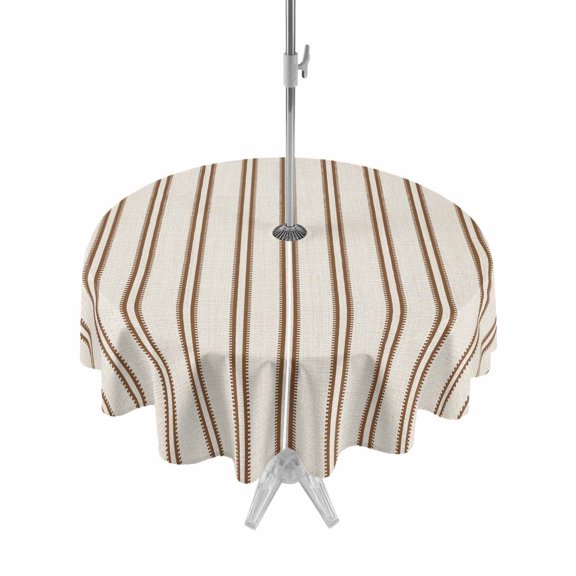 Brown Ticking Stripe Outdoor Round Tablecloth with Umbrella Hole 60", Minimalist Vertical Lines Beige Waterproof Zippered Table Cloth Wrinkle Free Wipeable Desk Covers for Patio Party
