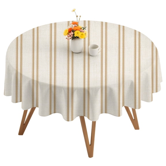 Brown Ticking Stripe Round Tablecloth 60 inches Minimalist Vertical Lines Khaki Waterproof Oil-Proof Table Cloth Round Table Cover for Holiday Party Picnic Dinner Decor Indoor and Outdoor Use