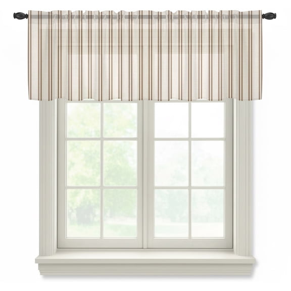 Brown Ticking Stripe Sheer Valances for Windows, Minimalist Vertical Lines Beige Semi Sheer Kitchen Valance Rod Pocket Small Voile Window Curtains for Living Room Bedroom 42 x 12 Inch