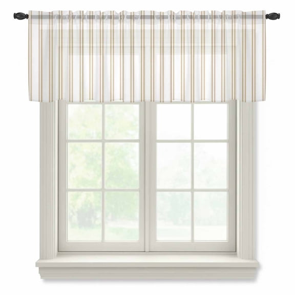 Brown Ticking Stripe Sheer Valances for Windows, Minimalist Vertical Lines White Semi Sheer Kitchen Valance Rod Pocket Small Voile Window Curtains for Living Room Bedroom 42 x 12 Inch
