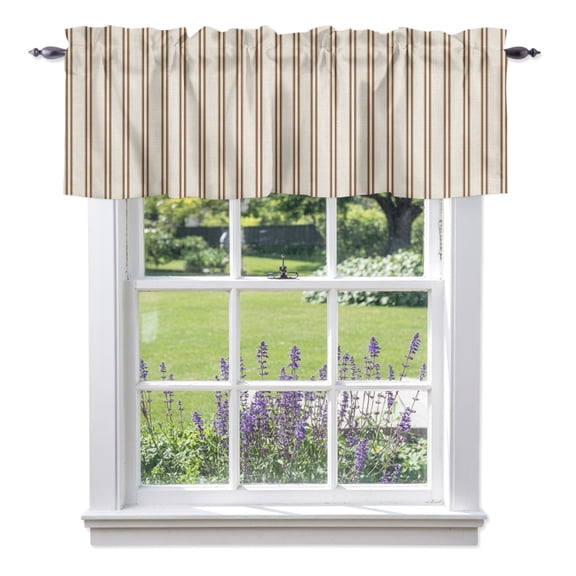 Brown Ticking Stripe Valances for Windows Minimalist Vertical Lines Beige Rod Pocket Light Filtering Short Window Treatments Curtains for Kitchen Bathroom Living Room Bedroom, 1 Panel, 42 x 18 Inch