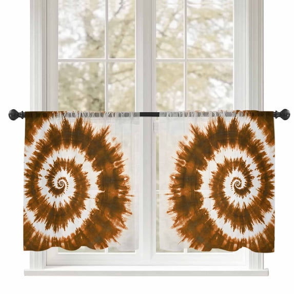 Brown Tie-dye Sheer Curtains 45 inches Long, Chinese Style Abstract Ethnic Spiral Watercolor Light Filtering Sheer Window Curtains Rod Pocket Voile Drapes for Bedroom Living Room, 52"W x 45"L