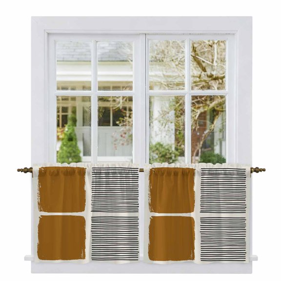 Brown Tier Curtains 24 Inch Length, Modern Painting Farmhouse Striped Abstract Art Cafe Short Curtains for Bathroom Over Sink, Small Kitchen Curtain Light Filtering Tiered Drapes 2 Panels 27.5"Wx24"L