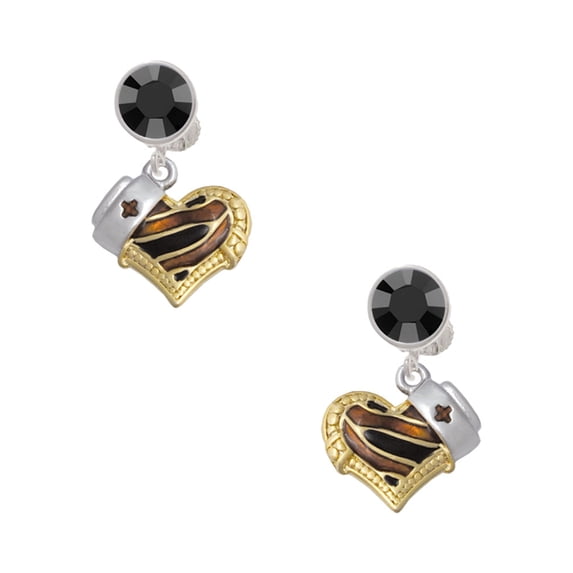 Delight Jewelry Brown Tiger Print Heart with Nurse Hat Black Crystal Clip on Earrings