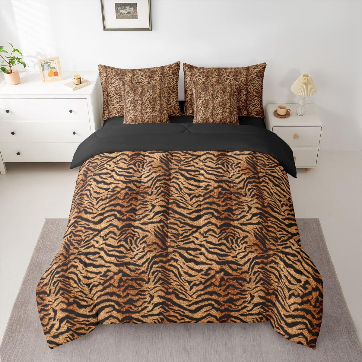 Brown Tiger Print Queen Comforter Set - 7-Piece Animal Fur Bedding with ...