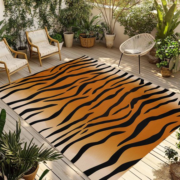 Brown Tiger Skin Outdoor Rug, Abstract Farm Brown Tiger Animal Texture Black Stripes Non-Slip Area Rugs Carpet Breathable Large Floor Mat for Outdoors Patio Porch Deck Beach 3’ x 5’