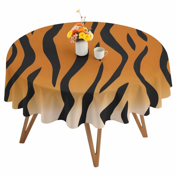 Brown Tiger Skin Round Tablecloth 54 inches Abstract Farm Brown Tiger Animal Texture Black Stripes Waterproof Oil-Proof Table Cloth Round Table Cover for Holiday Party Picnic Dinner Decor
