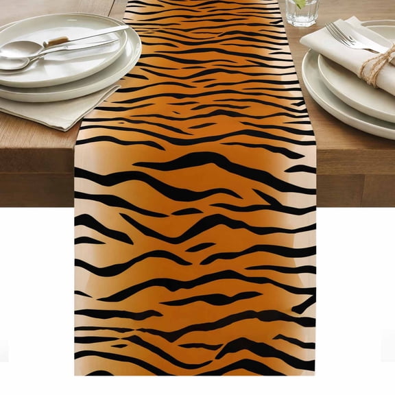 Brown Tiger Skin Table Runner 13 x 36 Inch, Abstract Farm Brown Tiger Animal Texture Black Stripes Washable Cotton Linen Dining Table Runner Tabletop Decorations for Restaurant Home Kitchen Party