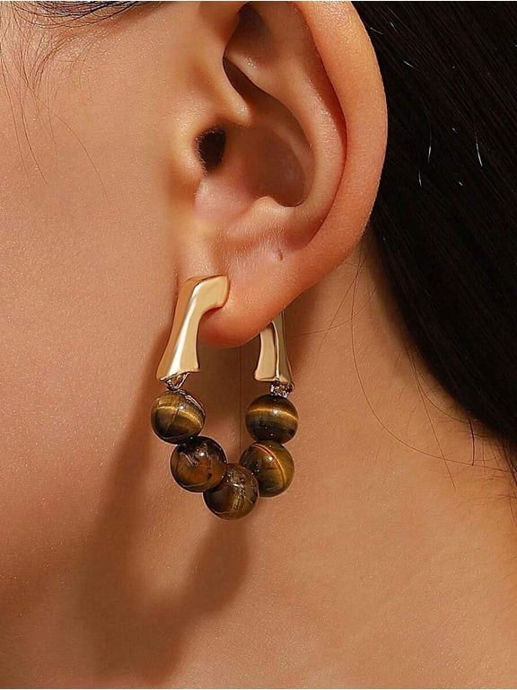 Brown Tigers Eye Bead Hoop Earrings With Goldtone Geometric Frame
