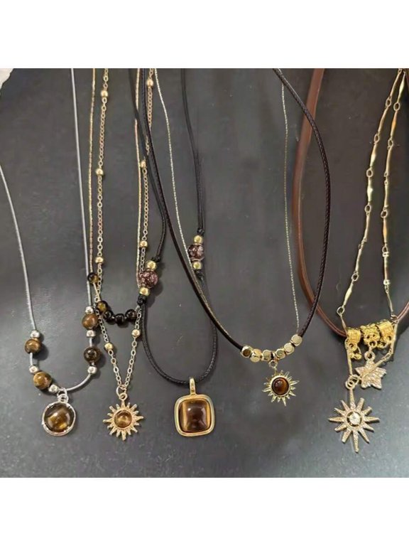 Brown Tigers Eye Stone Pendant Layered Choker Necklace With Goldtone Sun Motif For Women