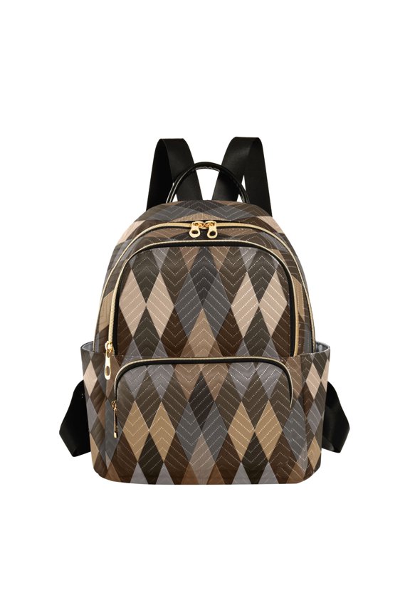 Brown Tone Argyle Pattern Plaids Quilted Backpack Fashion Daypack Commuter Bag for Women 8.5 L