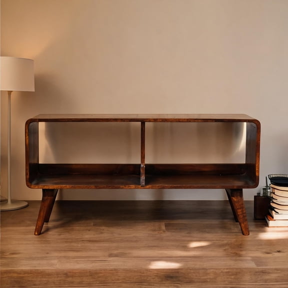 Brown-Toned Solid Mango Wood Media Unit Double Slot Entertainment Center, Curved Chestnut, Nordic Legs
