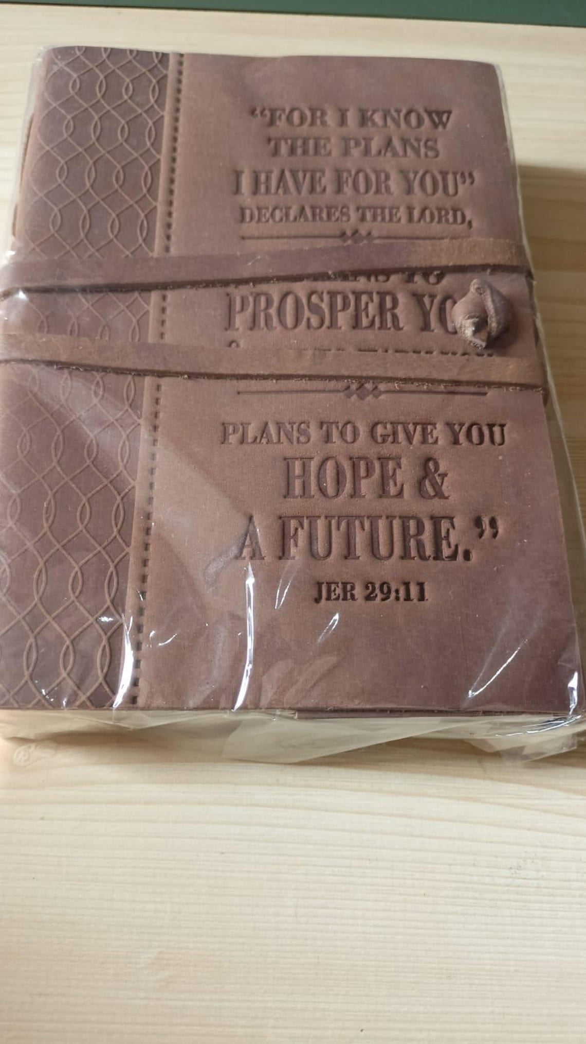 Brown Tooled Leather Journal – 29:11 Scripture Quote with Geometric Border, Leather Wrap Tie 7x5 Inch Notebook 240 Pages for Writing