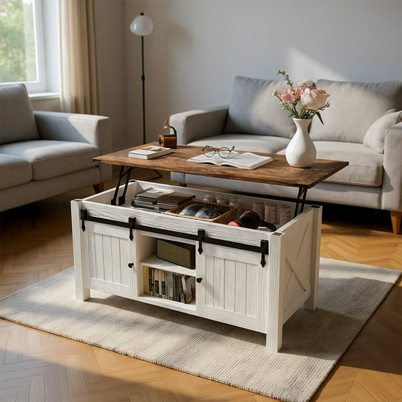 Brown Top 4-in-1 Multi-Function Lift Top Coffee Table Convertible Storage Table with Hidden Compartment, Farmhouse Style Dining Table Alternative for Living Room