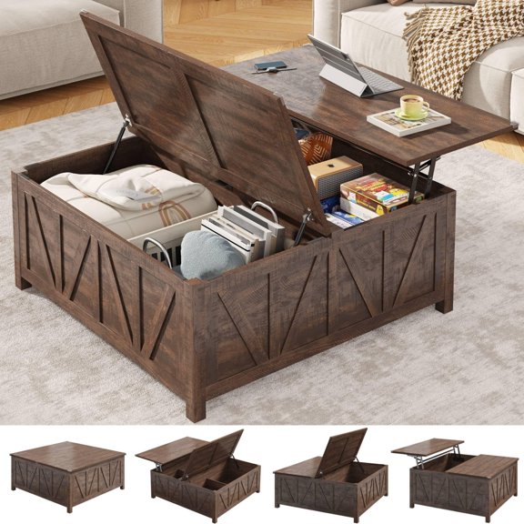 Brown Top Coffee Table with Storage, Farmhouse Square Center Table for