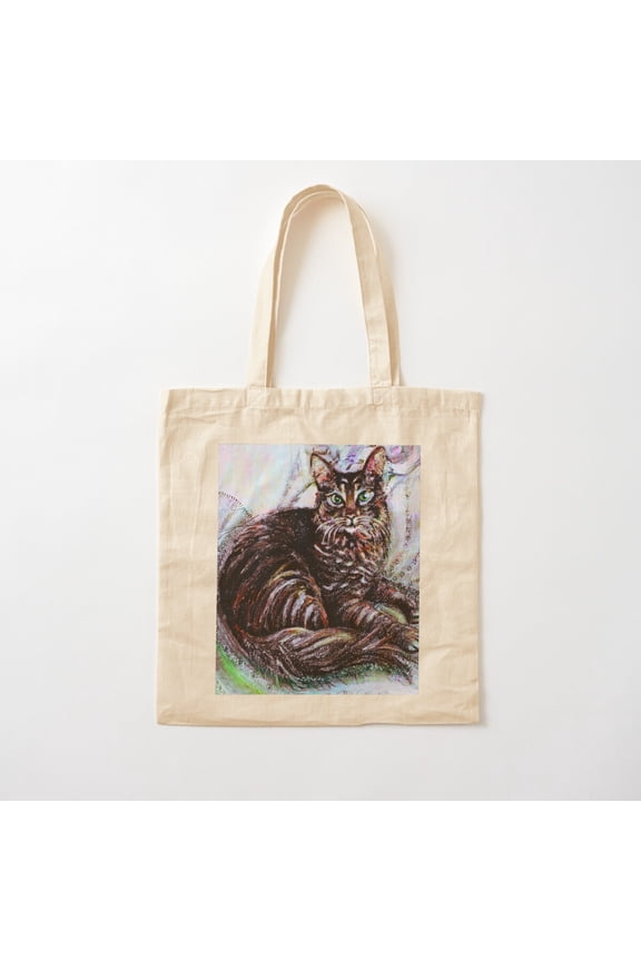 Brown Torbie Stitched Tabby Cat Canvas Tote Bags, Reusable Shopping Bag