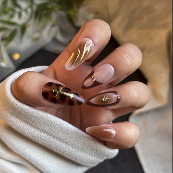 Brown Tortoise Shell Press on Nails Medium Almond Fake Nails with Cross Star Rhinestone Metallic Stripe Designs Full Cover Adhesive Press Ons Glossy Acrylic False Nails Nail Tips 24 Pcs