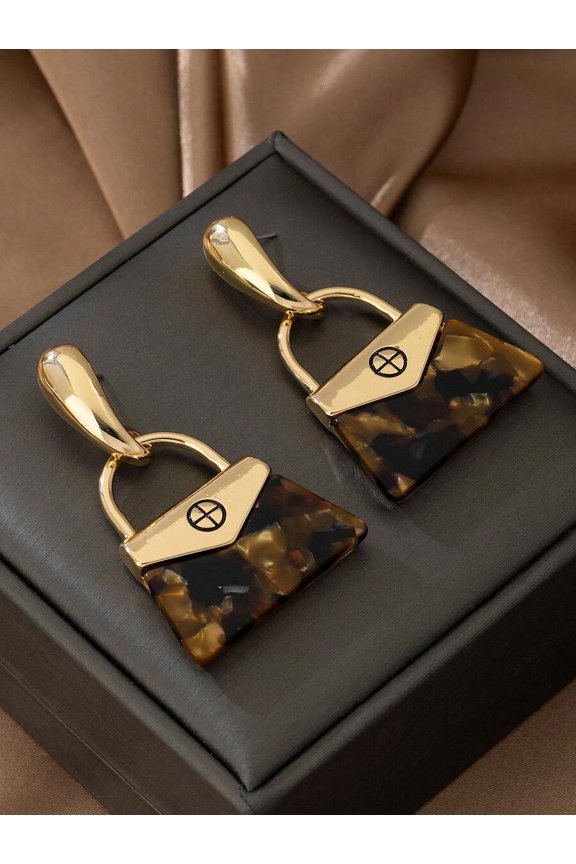 Brown Tortoiseshell Handbag-Shape Dangle Earrings With Goldtone Hardware