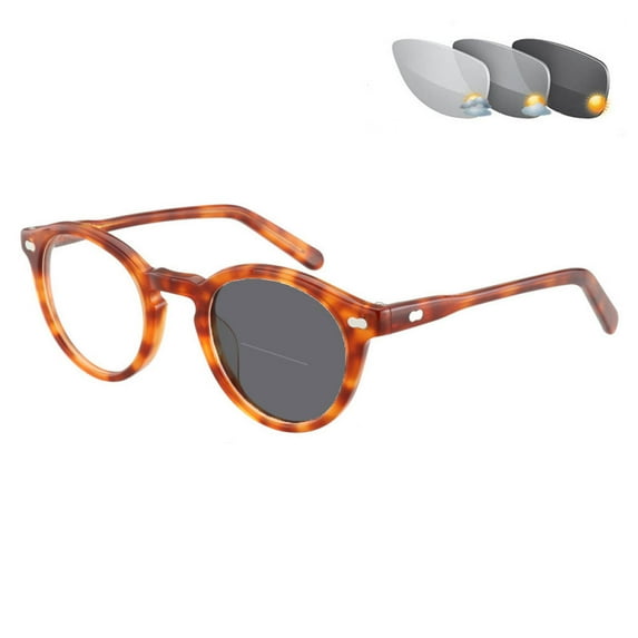 Brown Tortoiseshell Photochromic Gray Vintage Bifocal Reading Glasses Classic Round Sunglasses Presbyopic Eyeglasses Acetate Readers for Men and Women UV