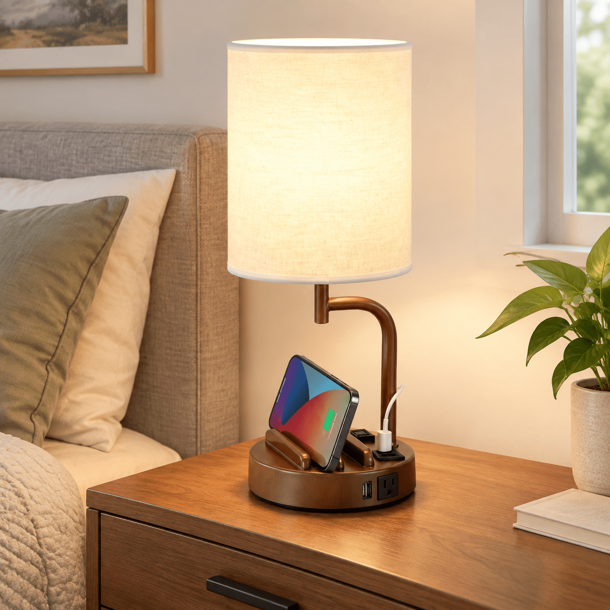 Table Rump Light Brown Touch Control 3-Way Dimmable Table Lamp with USB Ports and AC ...