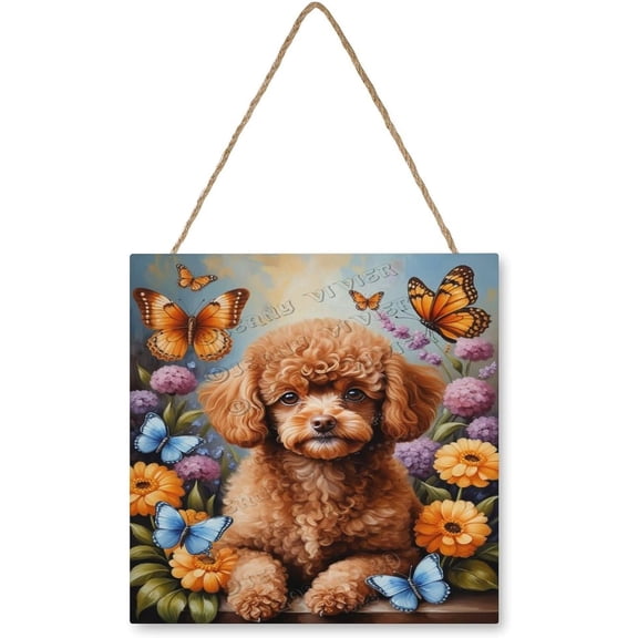 Brown Toy Poodle Dog with Flower Hanging Wood Sign Home Decorative, Pet Door Sign Plaque, Dog Wall Sign, Wood Board with Hanging String for Home Decor, Store, Farm Christmas Decor 12x12 inches